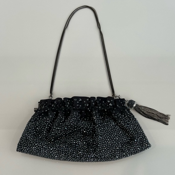 JUDITH LEIBER CHARCOAL CRYSTAL CONVERTIBLE CLUTCH SHOULDER BAG - Picture 14 of 17
